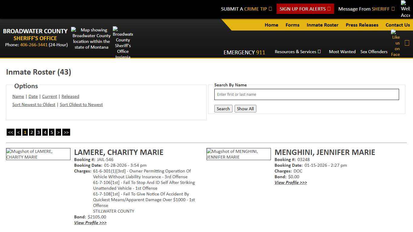 Inmate Roster - Current Inmates Booking Date Descending - Broadwater County Sheriff